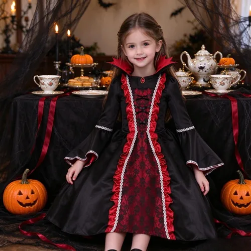 Vista 7 de yolsun Disfraz de vampiro para niñas, disfraz de reina medieval noble de Halloween Negro/Rojo