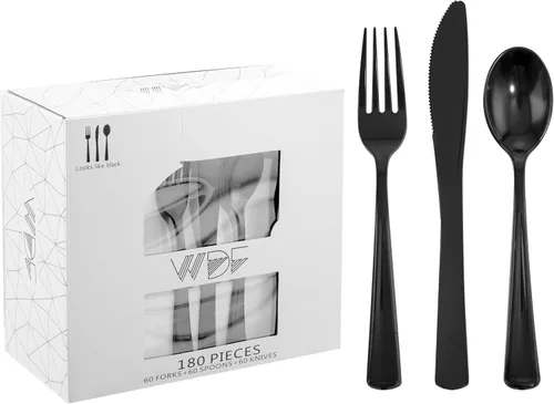 Vista 19 de WDF 180 cubiertos de plástico plateado – cubiertos de plástico plateado – cubiertos de plástico elegante resistente – 60 tenedores, 60 cuchillos, 60
