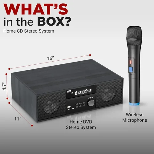 Vista 8 de Pyle Sistema de estante estéreo de CD/DVD para el hogar, reproductor de 200 W con micrófono inalámbrico, conectividad BT, radio Negro