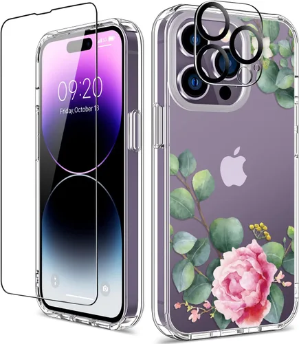 Vista 39 de Funda para iPhone 14 Pro con protector de pantalla, 6.1 pulgadas, transparente de cuerpo completo, a prueba de golpes, diseño floral, para niñas