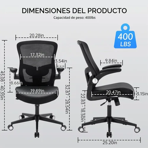 Vista 3 de Silla de oficina, 400 libras, ergonómica y resistente, con soporte lumbar ajustable, silla de computadora de malla transpirable con reposabrazos