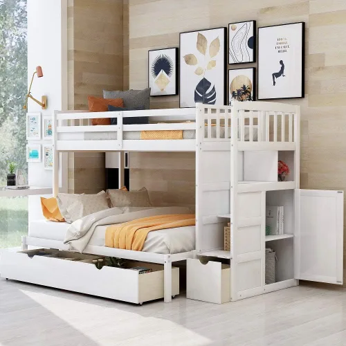 Vista 3 de Harper & Bright Designs Literas con escaleras y cajones de almacenamiento, tamaño individual sobre matrimonial, litera de madera maciza