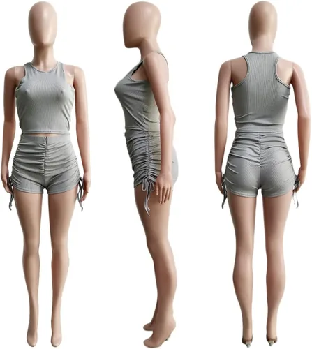 Vista 4 de Hoefirm Conjuntos de entrenamiento para mujer, trajes de 2 piezas, sexy, acanalados, camiseta sin mangas con cordón, pantalones cortos de verano