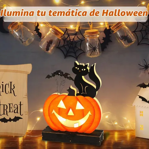 Vista 3 de Decoraciones de Halloween luces de calabaza para interiores, funciona con pilas, decoración de mesa de madera iluminada para decoración de Halloween