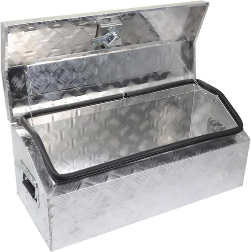 Vista 4 de Caja de herramientas de almacenamiento de remolque pesado de 30 pulgadas, herramientas de organización de aluminio plateado con mango lateral