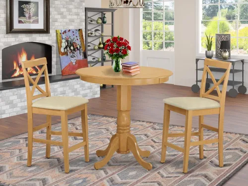 Vista 6 de East West Furniture JAPB3-OAK-C - Juego de pub de 3 piezas de altura de mostrador contiene una mesa de comedor redonda con pedestal y 2 sillas