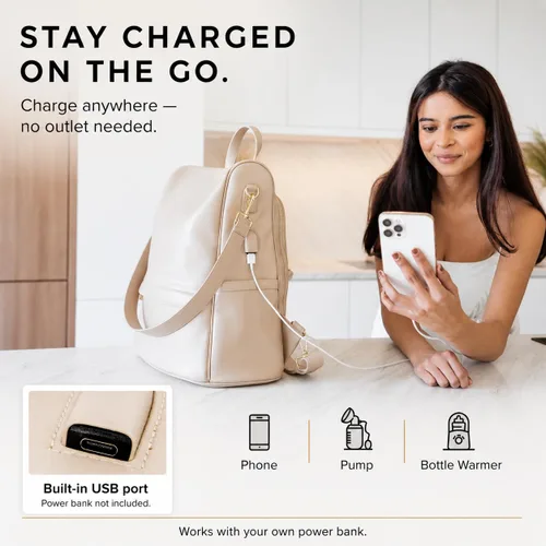 Vista 5 de MIA + SOPHIA Mochila de cuero para pañales con puerto de carga USB, cambiador, correas para cochecito y portabotellas (Marrón Mia)