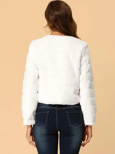 Vista 5 de Allegra K Chaqueta corta cálida de invierno para mujer, abrigo mullido de piel sintética sin cuello