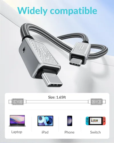 Vista 7 de PHIXERO Cable USB C a USB C de 240 W, aleación de zinc, 20 Gbps, 1.6 pies, negro