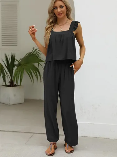 Vista 2 de AUTOMET Womens 2 Piece Outfits Tracksuits Lounge Matching Sets Two Piece Linen Pants Ruffle Shoulder Trendy Clothes 2023