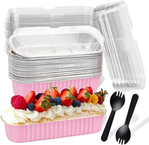 Vista 10 de 20 piezas moldes rectangulares mini para pan con tapas, mini moldes para pasteles con tapas, moldes desechables ramekins tazas para hornear moldes