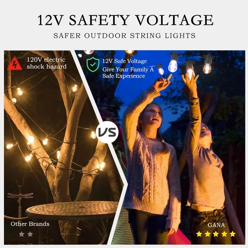 Vista 6 de GANA - Tira de luces LED para exteriores de 12V de bajo voltaje y segura, 48 pies, 15 bombillas inastillables, 2200K, luz blanca cálida