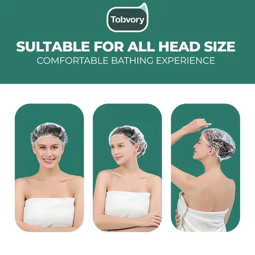 Vista 5 de Gorros de ducha desechables - 100 unidades Tobvory, gorro de ducha impermeable de plástico para mujer y hombre, gorro de ducha extra elástico
