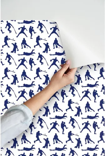 Vista 3 de Spoonflower Papel tapiz para despegar y pegar - Jugadores de béisbol Azul oscuro Deportes Hombres Thin Line Kids Papel pintado extraíble