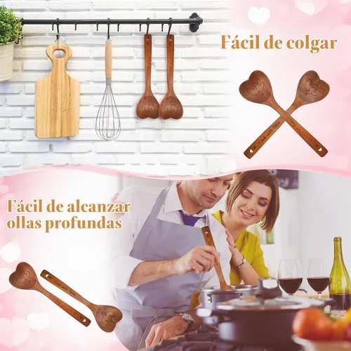 Vista 5 de Soaoo 2 cucharas de madera en forma de corazón para el día de San Valentín, cucharas de cocina para cocina, mamá, esposa, fiesta temática de San