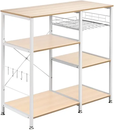 Vista 3 de Isla de cocina con almacenamiento, estante de panadería de pie, estación de mesa de barra de café, soporte para horno de microondas, estación
