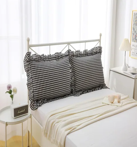 Vista 3 de Fundas de almohada cuadradas a cuadros en blanco y negro con volantes, fundas de almohada a cuadros, fundas de almohada de gingham, fundas