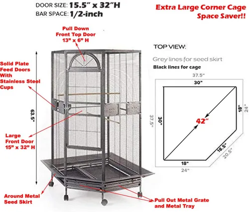 Vista 2 de Jaula de hierro forjado, loro de esquina extragrande, puertas de alimentador chapadas sólidas con protector de semillas de metal alrededor
