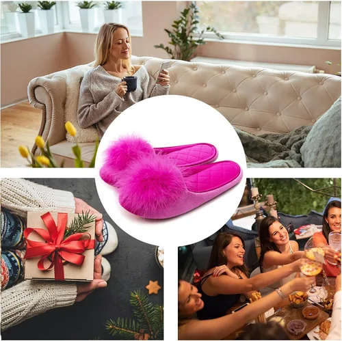 Vista 6 de GRITHEIM Pantuflas de terciopelo con pompones peludas para mujer, pantuflas de casa sexys y acogedoras para mujer, suela antideslizante