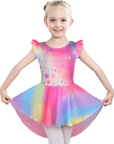 Vista 27 de iLover Vestido de leotardo clásico con tutú y mangas con volantes para niñas, para danza, gimnasia y ballet Negro