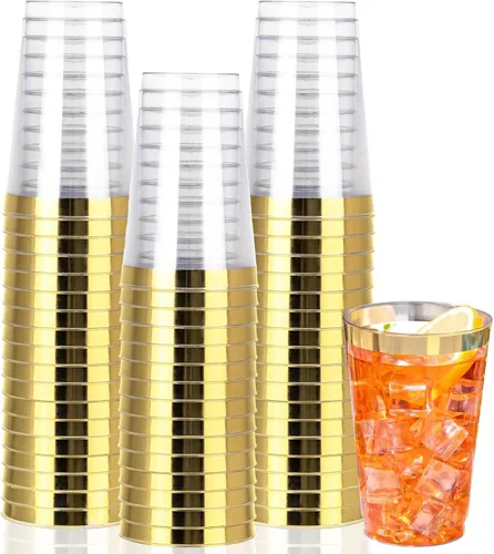 Vista 18 de I00000 Paquete de 100 vasos de plástico dorados de 14 onzas, vasos desechables de plástico con purpurina dorada, copas de vino desechables, copas