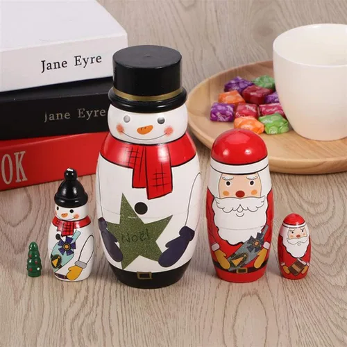 Vista 6 de Konrisa 5 muñecas anidables de Papá Noel, muñeco de nieve, Matryoshka, muñecos de anidación para niños y adultos, figuras hechas a mano de madera