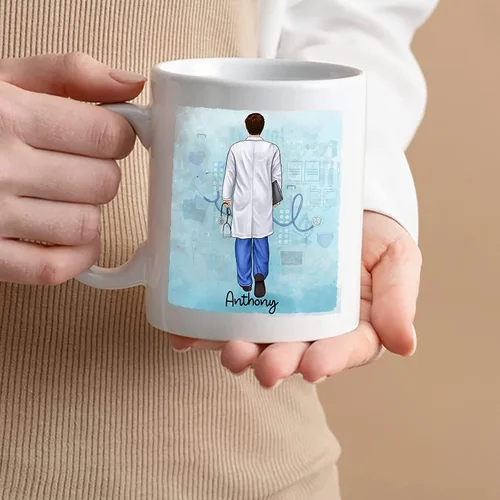 Vista 2 de Taza de café con nombre personalizado para médicos, taza de café personalizada para médicos, regalo para hombres, hombres, doctores, estetoscopio