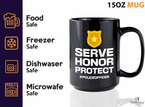 Vista 3 de Taza de café Policeman de 15 onzas, color negro, servir. Honor. Protege, suministros para fiestas de policía, agente de policía, policía