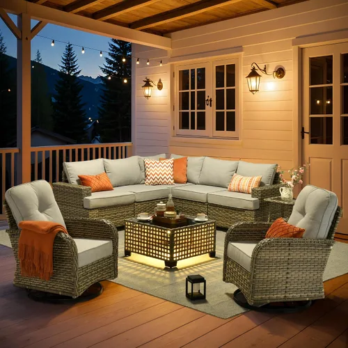 Vista 19 de HOOOWOOO Juego de Muebles Seccionales para Patio al Aire Libre, 6 Piezas Juegos de Conversación de Mimbre Sofá en Forma de L, Sofá Extra Profundo