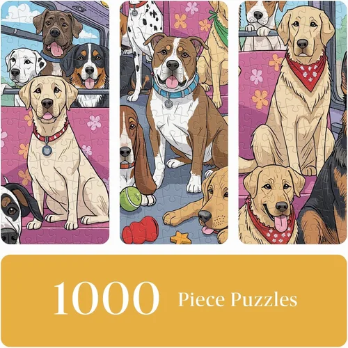 Vista 3 de Rompecabezas para Adultos de 1000 Piezas, Rompecabezas de Autobús de Perritos All-Star Arte Estilo Cómic, Rompecabezas Divertido Difícil Duro Único