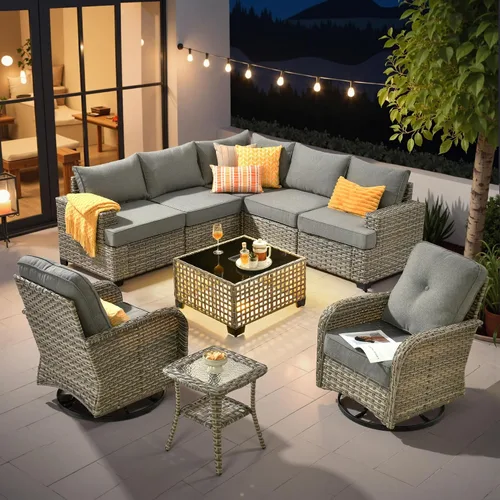 Vista 9 de HOOOWOOO Juego de muebles seccionales de patio con mesa de luz solar, 6 piezas de mimbre para exteriores, sofá en forma de L, juego de conversación
