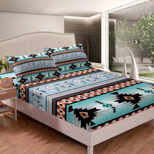 Vista 2 de Juego de ropa de cama de estilo bohemio occidental, tamaño individual, diseño de vaca atrapasueños, sábana bajera ajustable del suroeste, tribu