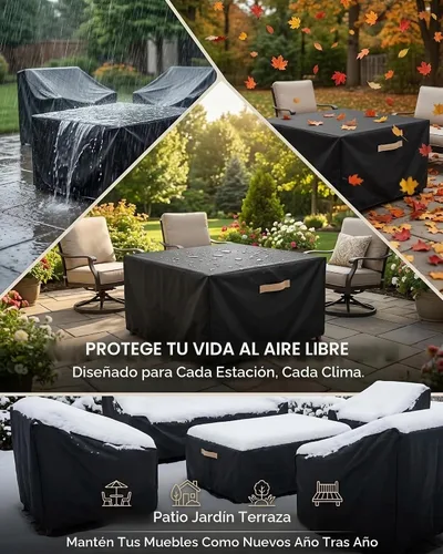 Vista 9 de Cubierta impermeable para muebles de exterior, juego de mesa y silla rectangular de 600D resistente de 64 pulgadas de ancho x 52 pulgadas de largo x