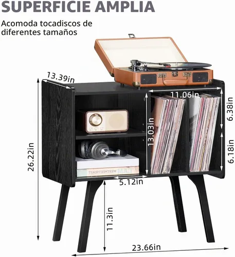 Vista 3 de LELELINKY Soporte para tocadiscos, mesa de almacenamiento de discos de vinilo con 4 gabinetes de hasta 120 álbumes, soporte para tocadiscos