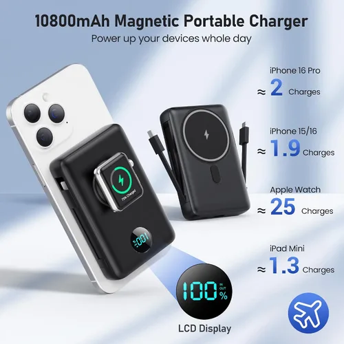 Vista 2 de Cargador portátil magnético para MagSafe con cable integrado, cargador para iWatch, banco de energía inalámbrico de 10800mAh, artículos esenciales