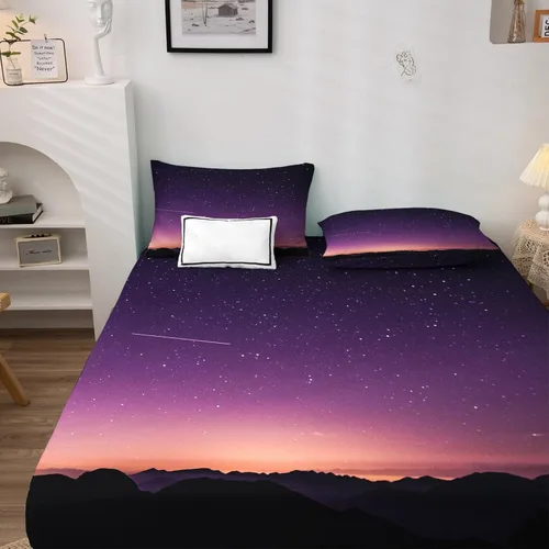Vista 2 de Sábanas de estrellas tamaño individual, sábanas de puesta de sol, sábanas y fundas de almohada estampadas de 3 piezas, sábana bajera ajustable