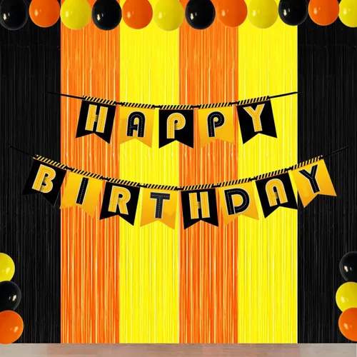 Vista 2 de Decoraciones de Fiesta de Cumpleaños de Construcción, Telón de Fondo de Flecos de Aluminio Naranja Negro Amarillo, Decoraciones de Fiesta de Camión