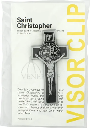 Vista 3 de Clip negro para visera del crucifijo de San Benito, patrón de los estudiantes, incluye tarjeta de oración de San Cristóbal, gran regalo católico