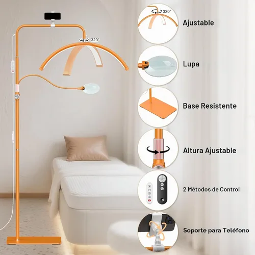 Vista 7 de AURELLE Half Moon Luz para Pestañas - Lámpara de Pie LED Ajustable para Pestañas con Lupa 4X y Soporte para Teléfono para Extensiones de Pestañas