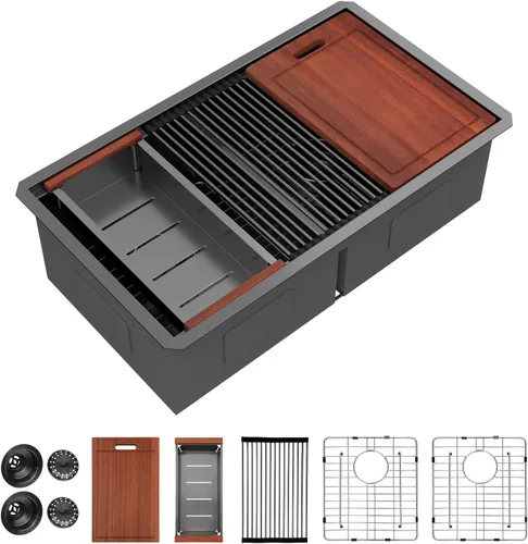 Vista 26 de Sarlai Fregadero de Cocina Dorado Bajo Encimera de 33 Pulgadas Doble Tazón 33 x 19 Pulgadas Bajo Dividido Dorado Estación de Trabajo Fregadero Doble