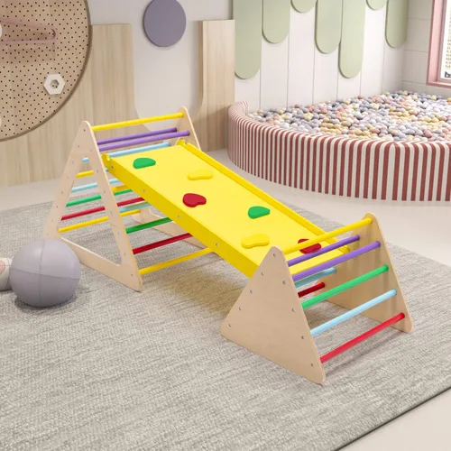 Vista 8 de Wonline Escalador triangular 3 en 1 con rampa de madera para niños pequeños, triángulo de escalada para deslizarse y escalar, juego de 3 piezas