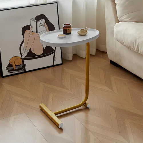 Vista 7 de Mesa auxiliar en forma de C, mesa auxiliar pequeña para sofá, mesa de sofá con marco de metal, bandeja de TV para sala de estar, dormitorio, mesita