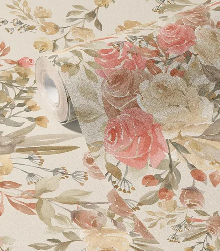 Vista 8 de Papel tapiz floral despegar y pegar autoadhesivo de hortensias, papel de pared estilo campo francés color crema, papel tapiz adhesivo