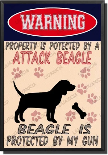 Vista 33 de LIUAXICIA Letreros divertidos de metal con texto en inglés "Warning Property is Potected by A American Bulldog is Protected by My Gun" The Coffee