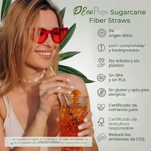 Vista 2 de EcoPreps Pajitas biodegradables de caña de azúcar, 150 unidades, 100% compostables, sin plástico y ecológicas, popotes desechables de fibra
