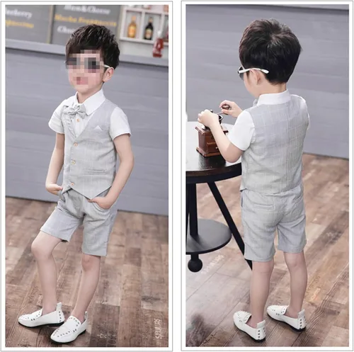Vista 3 de Conjunto de ropa de verano para niño chaleco shorts camisa y moño traje formal de 4 piezas