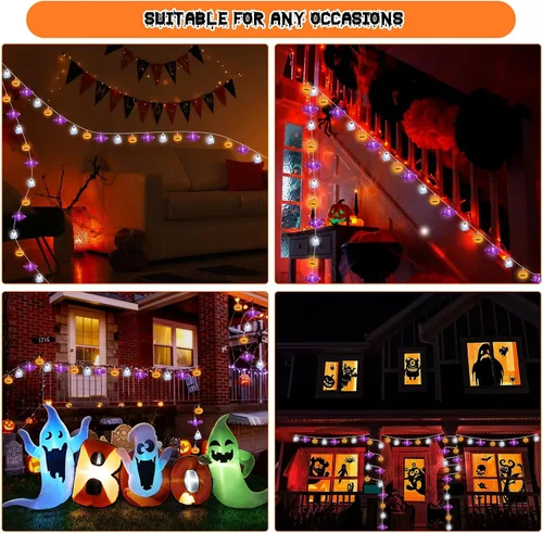Vista 7 de Guirnalda de luces de Halloween, 16.4 pies, 30 luces LED 3D de calabaza, murciélago, fantasma, funciona con pilas, color naranja y morado, 8 modos