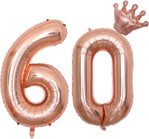 Vista 9 de Globos rosa claro del número 60 de 40 pulgadas con corona, globos de cumpleaños 60 para mujeres, decoraciones de cumpleaños de 60 pulgadas, globos