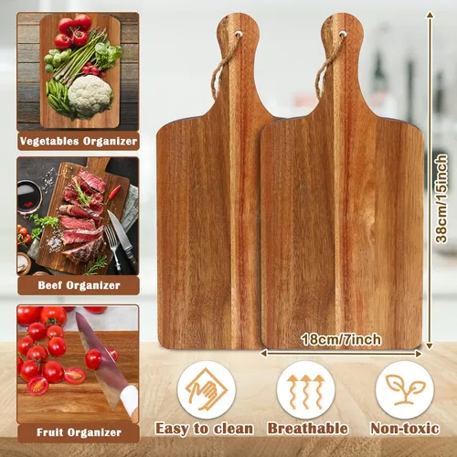 Vista 2 de 10 paquetes de tablas de cortar de madera de acacia, tabla de cortar lisa de 15 x 7 pulgadas con asas, tabla de servir grande, tabla de cortar