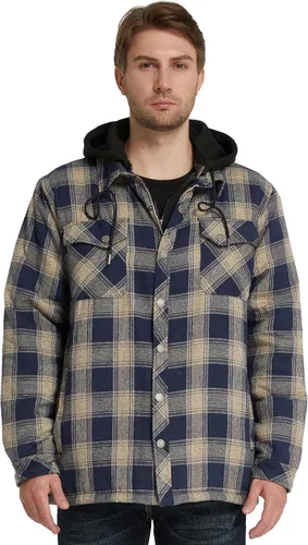 Vista 2 de WenVen Chaqueta acolchada de franela gruesa a cuadros con capucha extraíble para hombre Amarillo